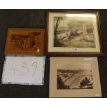 ONE F/G PICTURE OF LADIES BY A RIVER, A MARQUETRY COACH SCENE & A PHOTOGRAPH OF DAWLISH 1895