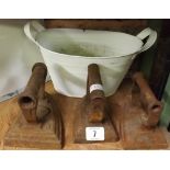 THREE VINTAGE SMOOTHING IRONS & A METAL TWO HANDLED PLANTER