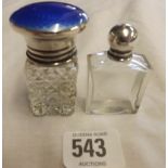 A SILVER & BLUE ENAMEL TOP SALTS JAR & SCENTED BOTTLE 1907