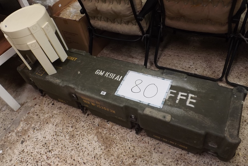 A MILITARY ROCKET BOX & THREE PLASTIC STOOLS