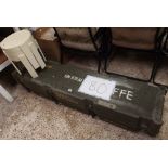 A MILITARY ROCKET BOX & THREE PLASTIC STOOLS