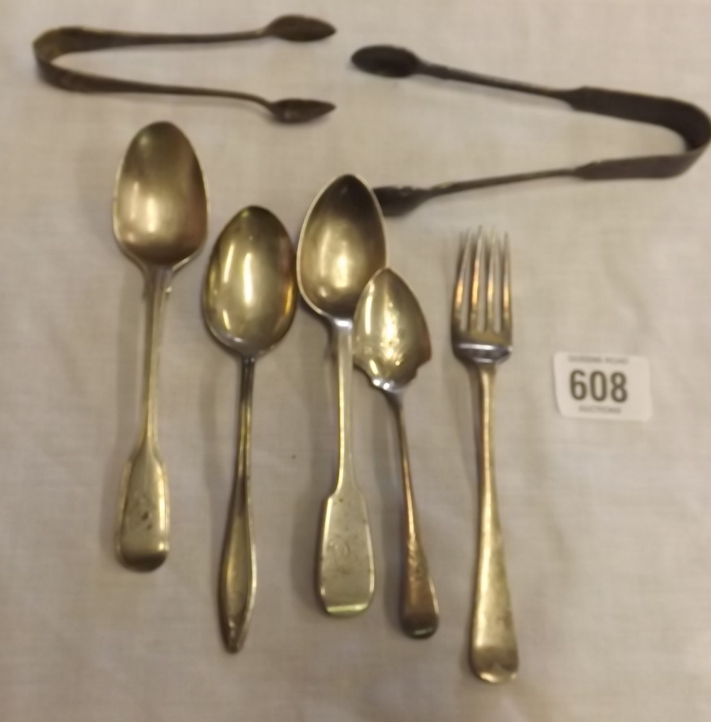 BAG OF MIXED SILVER SPOONS INCLUDING EXETER AND SUGAR NIPPS