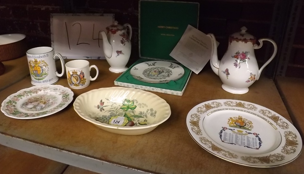 BOXED ROYAL DOULTON CHRISTMAS PLATE. ROYAL DOULTON DISH, AYNSLEY TEA POTS AND OTHER CHINAWARE