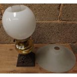 BRASS OIL LAMP ON METAL STAND WITH GLASS CHIMNEY & SHADE
