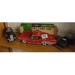 THREE MODELS, ONE OF ARMY RADAR TRUCK, A ROLLS ROYCE & TIN PLATE FIRE CHIEF CAR WITH BOX (BOX A/F)