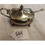 A SILVER MUSTARD POT 1929 WITH B.G.L & MUSTARD SPOON - CHESTER 1900