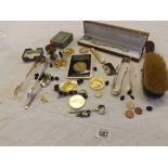 BAG OF MIXED COINAGE, HAIRBRUSH, PLATED WARE & BRIC-A-BRAC