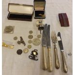 BAG CONTAINING COINS, FORK'S & BRIC-A-BRAC