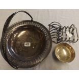 PLATED SWING HANDLED ROUND BASKET, A BOWL AND TWO PLATED TOASTER RACKS.