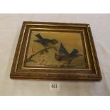 SMALL GILT FRAMED PICTURE IN OIL OF TWO BLUE TITS ON A BRANCH