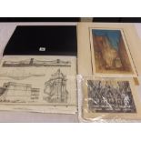 A FOLDER CONTAINING ARCHITECTURAL ENGRAVINGS & A CONTINENTAL COLOURED ENGRAVING