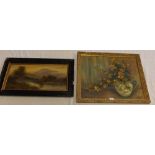 OIL PAINTING OF A RIVER SCENE BY TRENT & A GILT FRAMED PAINTING OF FLOWERS