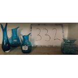 TWO BLUE GLASS JUGS & TWO BLUE GLASS VASES
