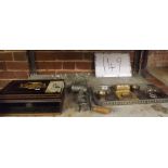 DEEDED BOX, GALLERY TRAY, A MINCER, TWO GLASS ASHTRAYS & A CALENDAR ETC