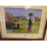RUSSELL POND Girl playing with cat 11"x15" - signed