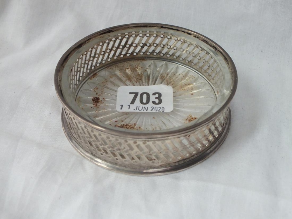 Circular butter dish with glass liner, pierced sides - 4" diameter - 1925
