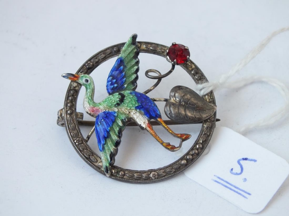 Silver & enamel stork brooch