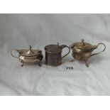 Three mustard pots - 2 with glass liners - 138gms net