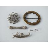 Bag of 4 brooches, 2 silver - one marcasite & one Toledo brooch