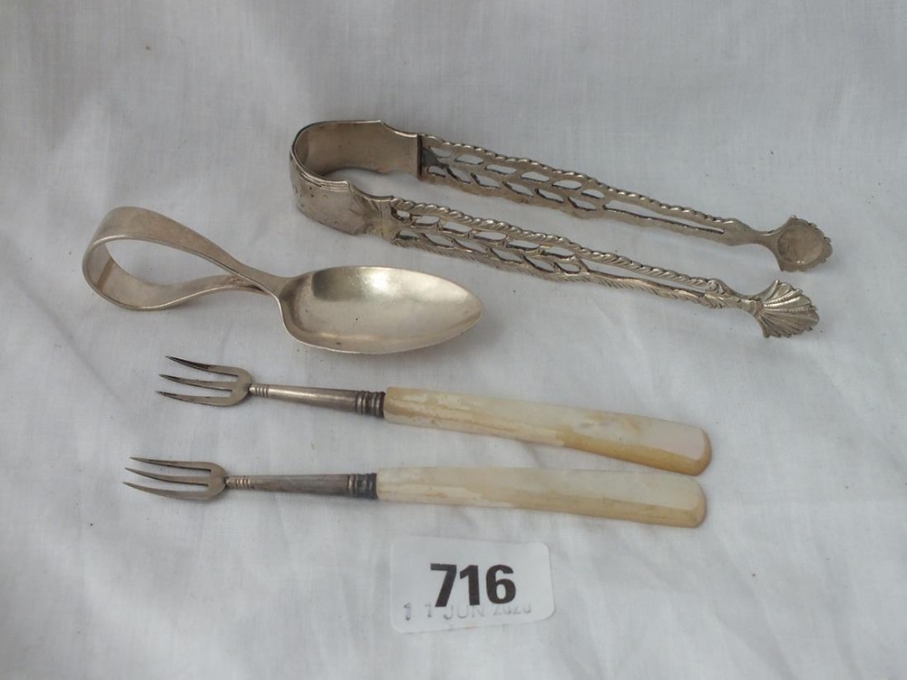 Pair of Georgian cast sugar tongs, 2 olive forks plus childs spoons - some unmarked