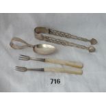 Pair of Georgian cast sugar tongs, 2 olive forks plus childs spoons - some unmarked