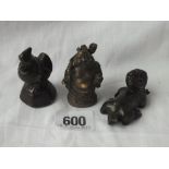 Group of 3 small antique bronze figures & animals - 2" long