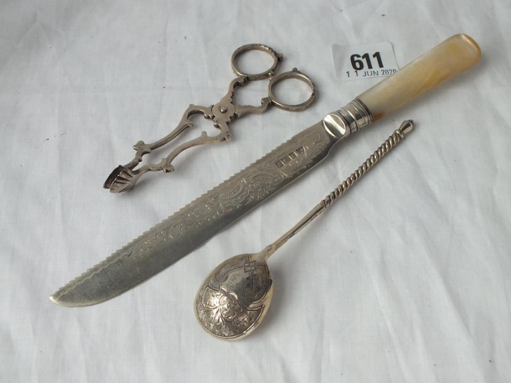 Cake knife with MOP handle - Sheffield 1902 & a Russian spoon & a pair of sugar nips