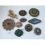 10 vintage stone set costume brooches