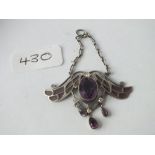 ANTIQUE ART NOUVEAU PIQUE A JOUR SILVER, DIAMOND & AMETHYST SET PENDANT