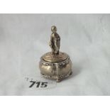 Small jar, pull off cover with figure - maker KM? only - 1.3/4" high