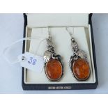 Pair of attractive silver & amber drop earrings