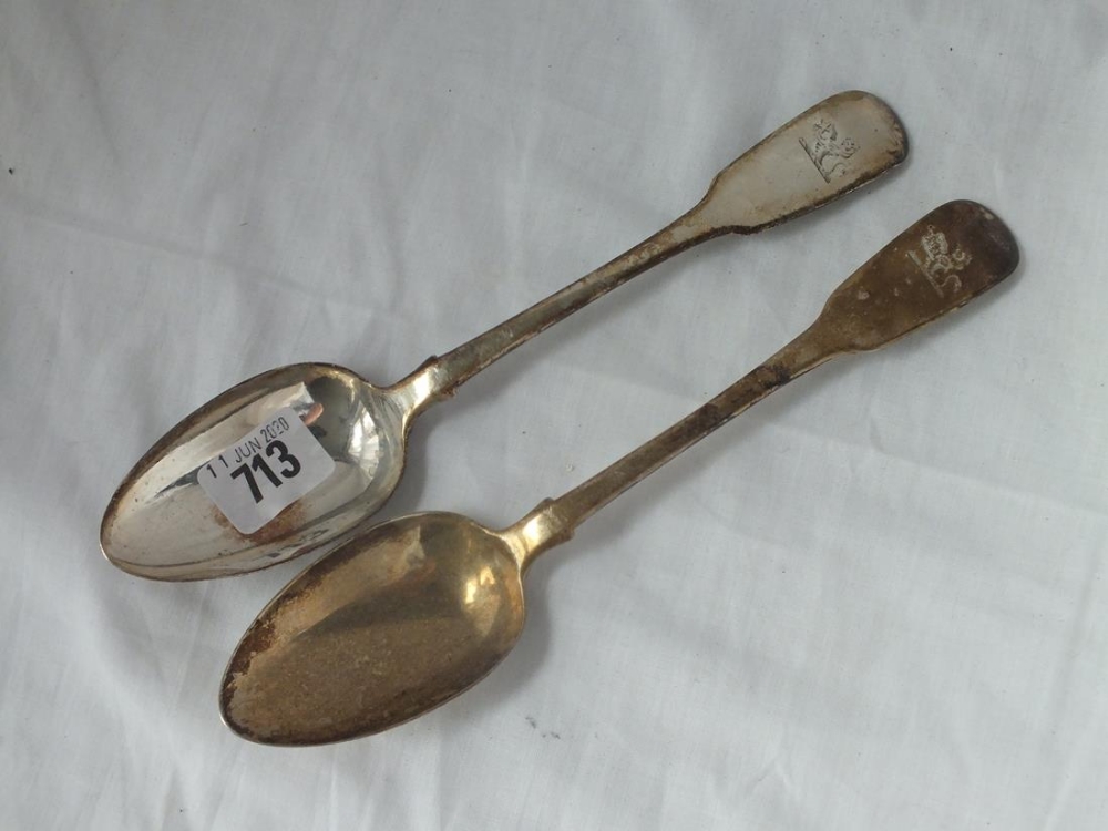 Pair of Georgian fiddle pattern crested table spoons - 1834 by JW - 157gms