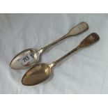 Pair of Georgian fiddle pattern crested table spoons - 1834 by JW - 157gms