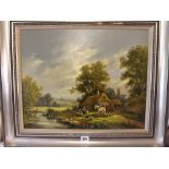 GUDRON SIBBONS Family beside village pond 15"x19.5" - signed