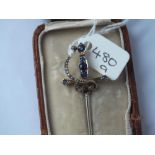 Good unusual Victorian sapphire sword stick pin with rose diamond guard