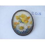 Hand painted on porcelain silver framed brooch - signed