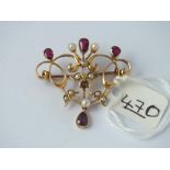 A red stone & pearl drop pendant brooch set in 15ct gold