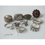 Bag of 10 assorted silver rings plain & gem set - 41.8gms