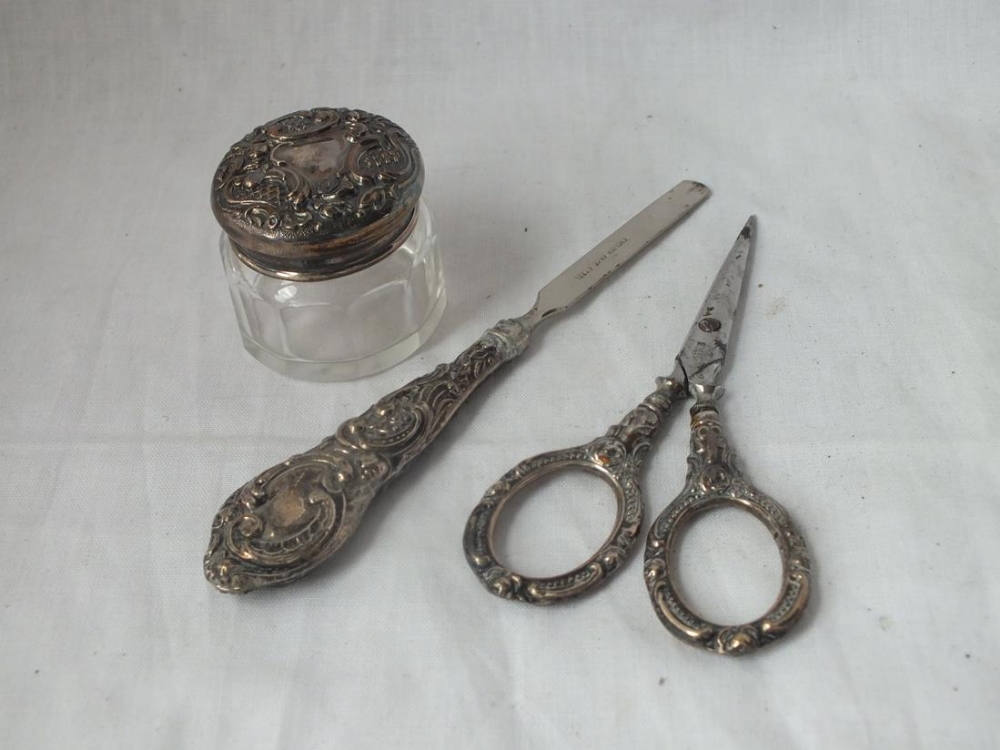 Embossed top jar & two manicure items with silver handles