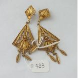 Pair of silver gilt finely detailed, vintage drop earrings, indistinctly marked on posts. Ornate