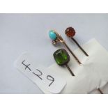Antique 15ct turquoise & diamond set stickpin plus 2 others