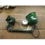 INDUSTRIAL SWING ARM LIGHT WITH GREEN ENAMEL SHADES (NEED TESTING BY ELECTRICIAN)