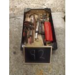 CARTON CONTAINING VARIOUS HAND TOOLS INCL; CLAMPS, VINTAGE WOOD BORES & A SAW