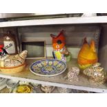 SHELF CONTAINING TWO EGG CROCKS - ONE BY BRIAN LOWNDS,BABBACOMBE TORQUAY, DECORATIVE JUGS &