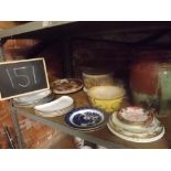 SHELF OF VARIOUS PLATES & DISHES ETC.,