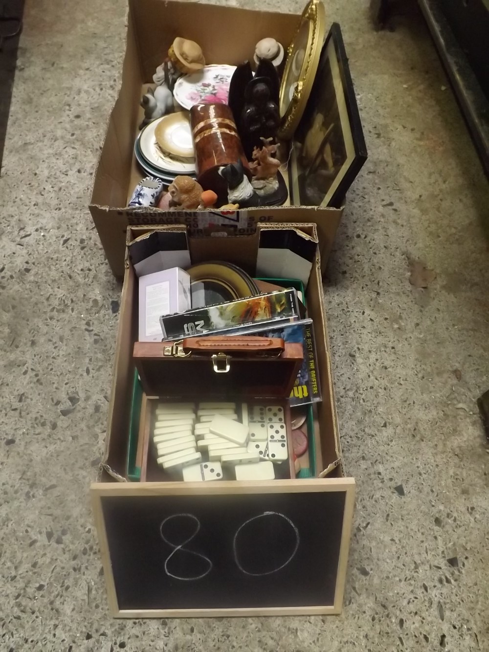 TWO CARTONS OF MIXED BRIC-A-BRAC INCL; DOMINO'S IN BOX, VARIOUS PLATES & CHINA ORNAMENTS