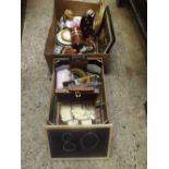TWO CARTONS OF MIXED BRIC-A-BRAC INCL; DOMINO'S IN BOX, VARIOUS PLATES & CHINA ORNAMENTS