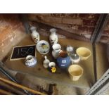 SHELF OF VARIOUS CHINAWARE INCL; SMALL BLUE DARTMOUTH POTTERY VASE & SMALL DOMED CLOCK