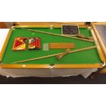 WALTER LINDRUM HOME BILLIARD TABLE WITH SLUNG UNDER CARRAIGE, QUES, SCORER & BRUSHES, BAIZE A/F