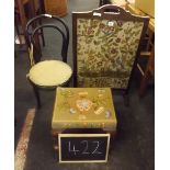 A CHILD'S BENTWOOD CHAIR, UPHOLSTERED STOOL & OAK EMBROIDERED FIRE SCREEN